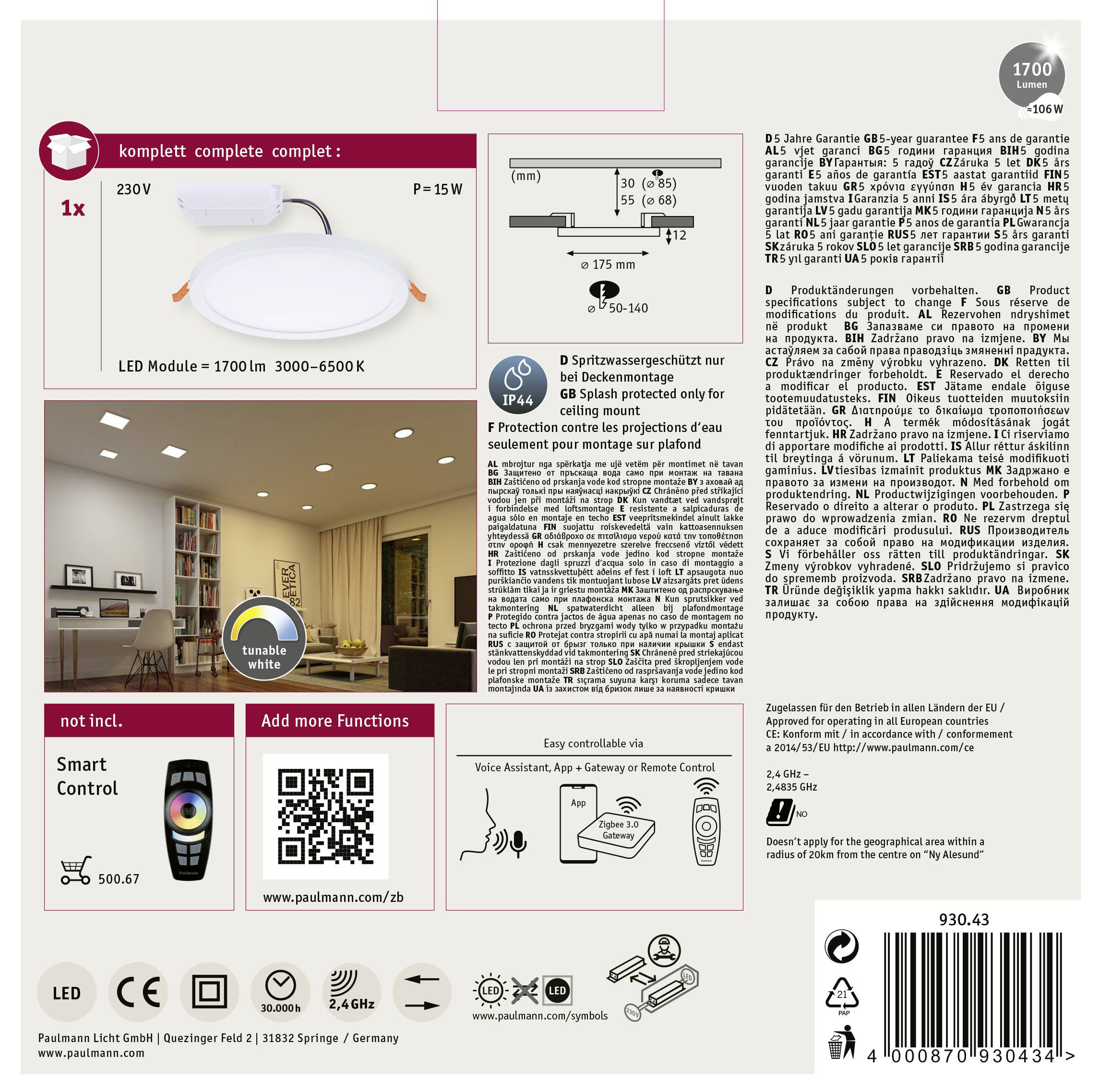'Lampa sufitowa LED, 1700 lm, 15W, ściemnialna, ochrona IP44, temperatura barwowa 3000-6500K, do wnętrz, w zestawie pilot, 5-letnia gwarancja.'