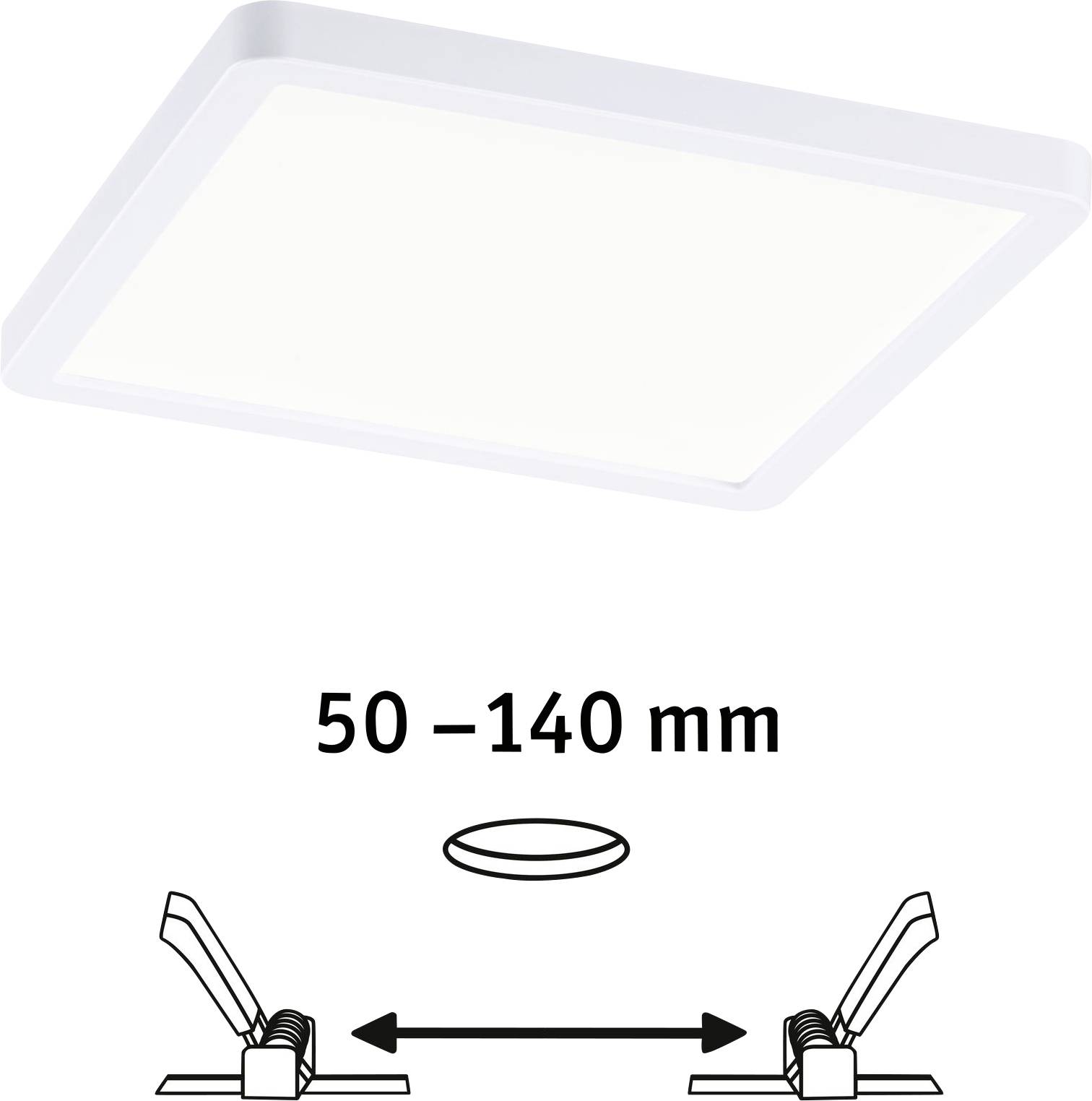 Kwadratowa lampa sufitowa LED z mechanizmem mocowania bocznego. Tekst '50 – 140 mm' wskazuje regulowany odstęp.