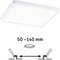 Kwadratowa lampa sufitowa LED z mechanizmem mocowania bocznego. Tekst '50 – 140 mm' wskazuje regulowany odstęp.