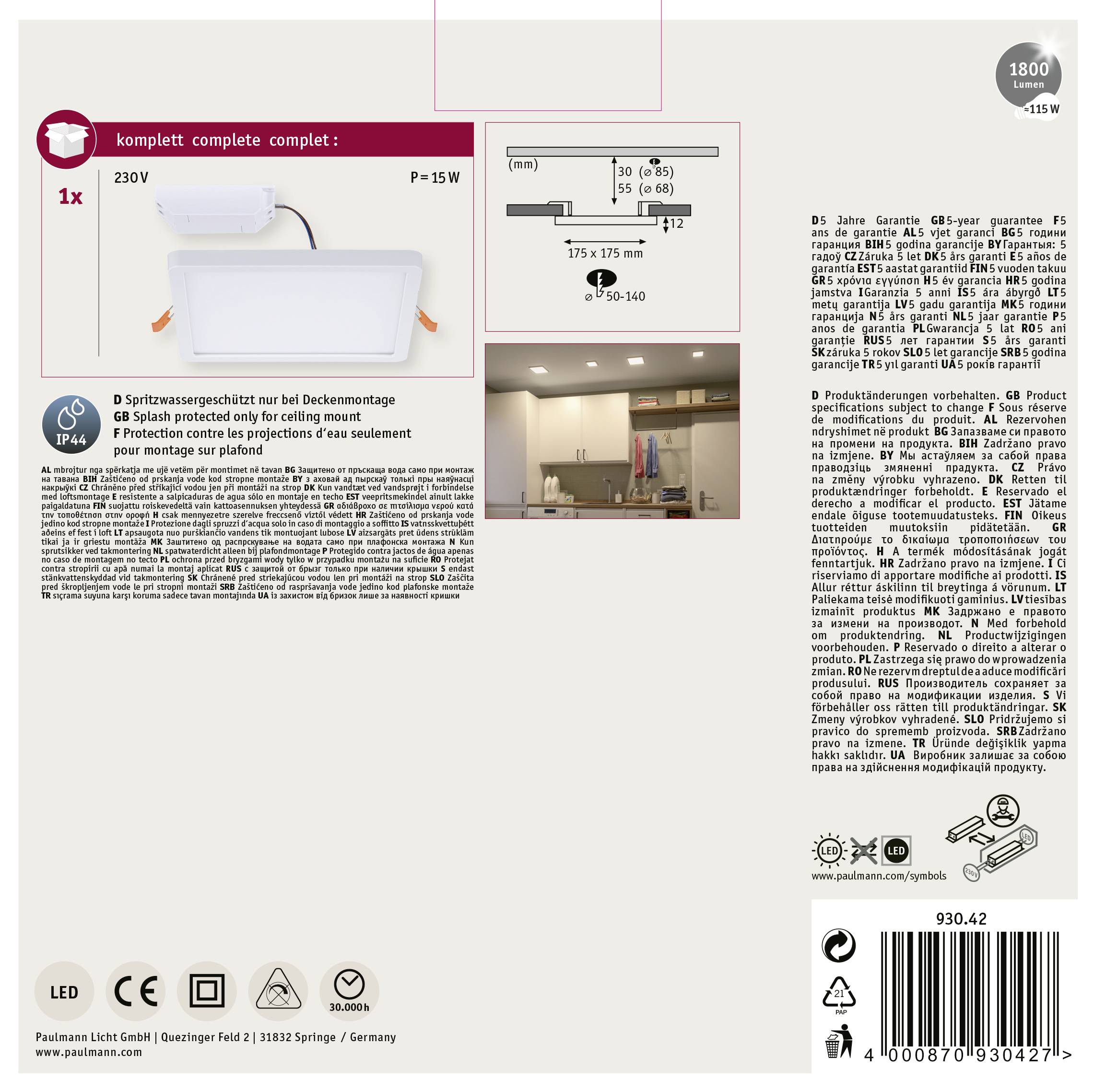 'Lampa sufitowa o mocy 15 W, stopień ochrony IP44, nadająca się do montażu sufitowego. Zawiera instrukcję montażu oraz opis produktu w różnych językach. Producent: Paulmann Licht GmbH.'