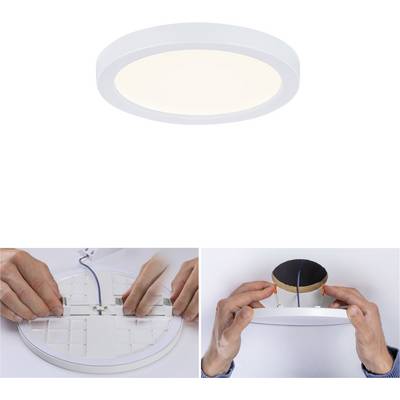 Okrągła lampa sufitowa LED z białą ramką. Poniżej: Kroki montażowe, w tym prowadzenie przewodów i mocowanie do sufitu.