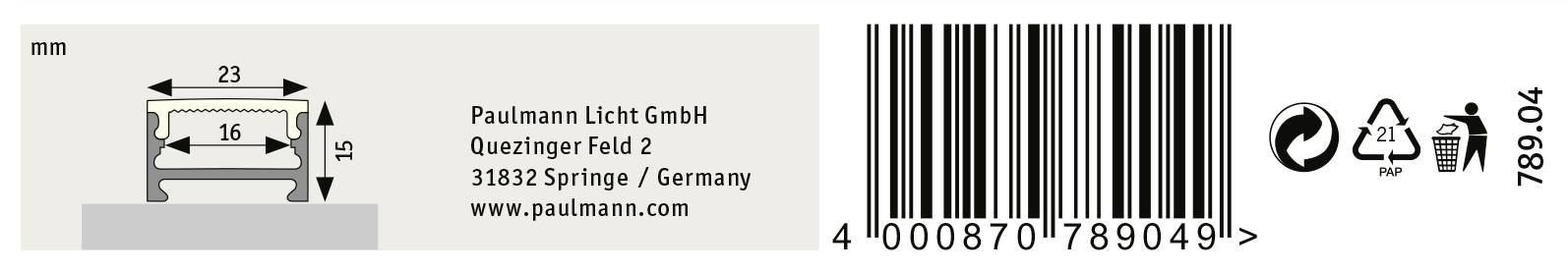 Rysunek liniowy przekroju profilu o wymiarach 15x23 mm i szerokości wewnętrznej 16 mm. Obok rysunku znajdują się dane firmy oraz kod kreskowy.