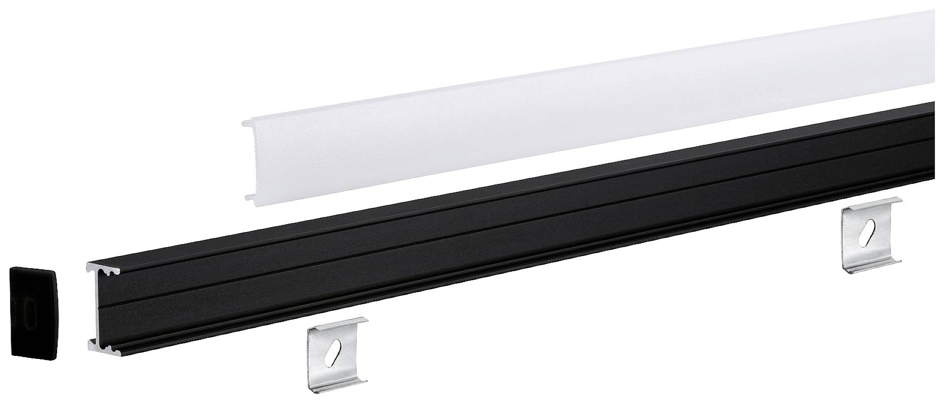 Elementy pojedynczego profilu aluminiowego LED: czarna szyna, mlecznobiała osłona, dwa uchwyty i zaślepka, przeznaczone do montażu.