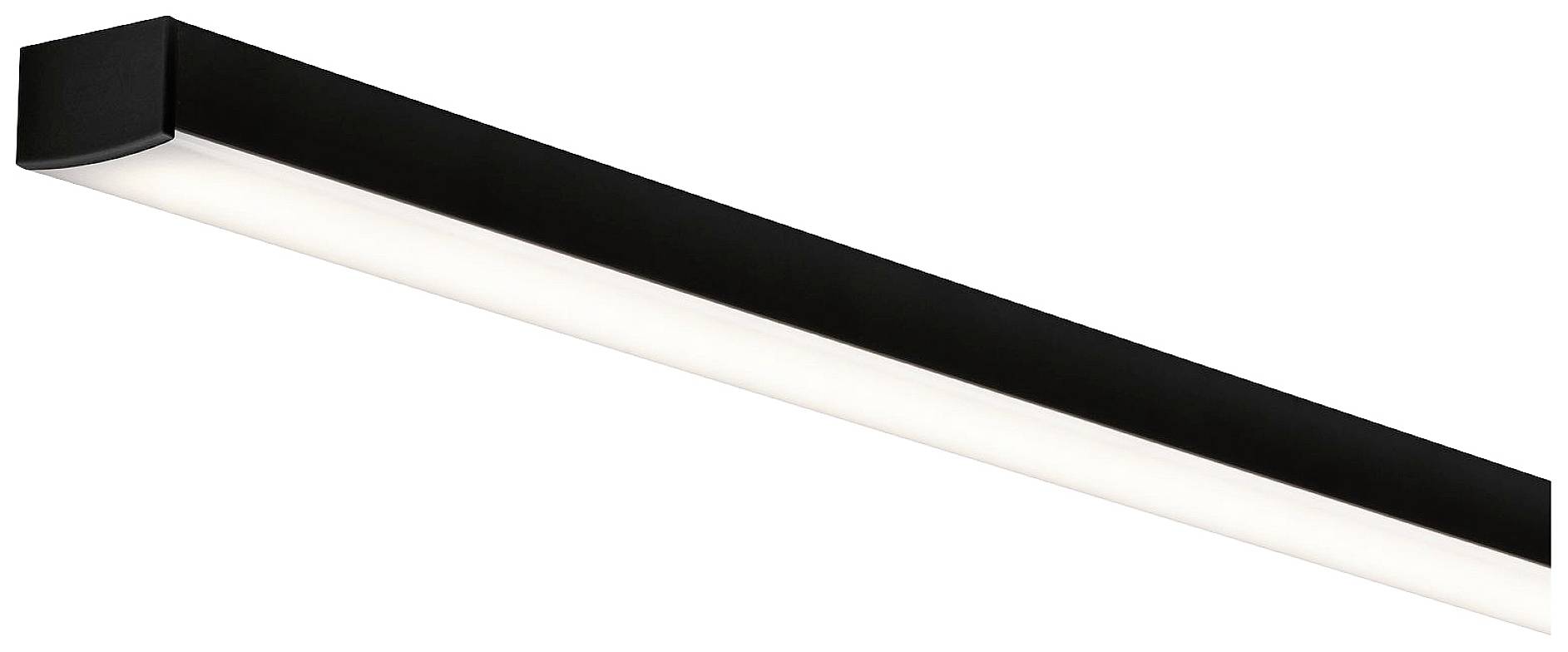 Długa, czarna lampa LED o prostokątnym przekroju poprzecznym, która po lewej stronie posiada czarną osłonę i generuje delikatne światło.