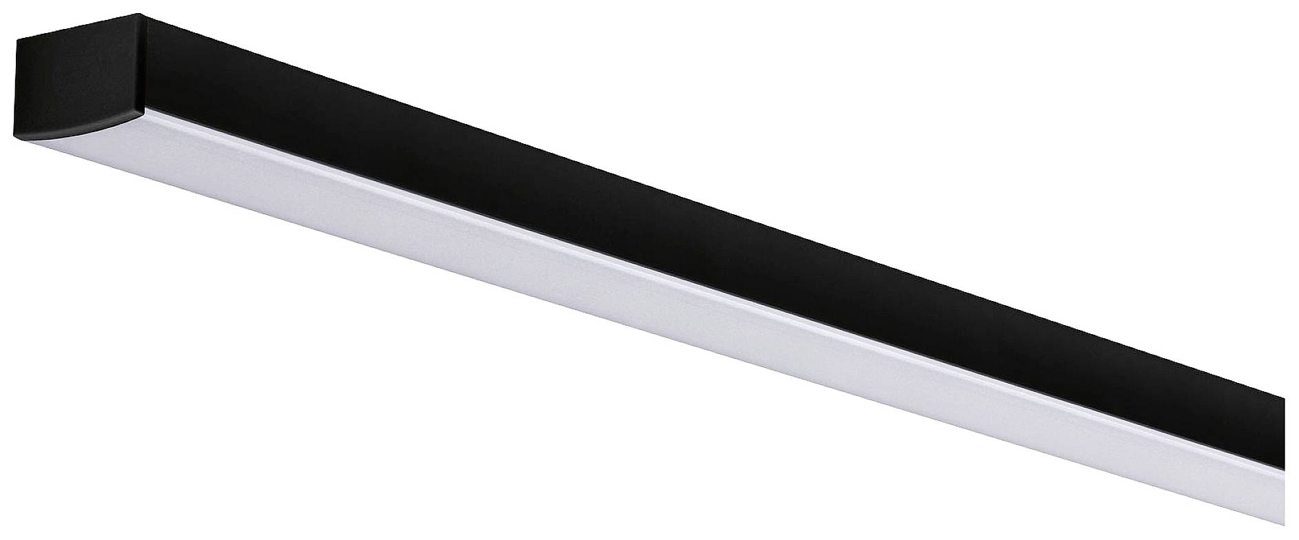 Długa, prostokątna czarna lampa sufitowa z białymi panelami świetlnymi, o nowoczesnym i minimalistycznym designie.
