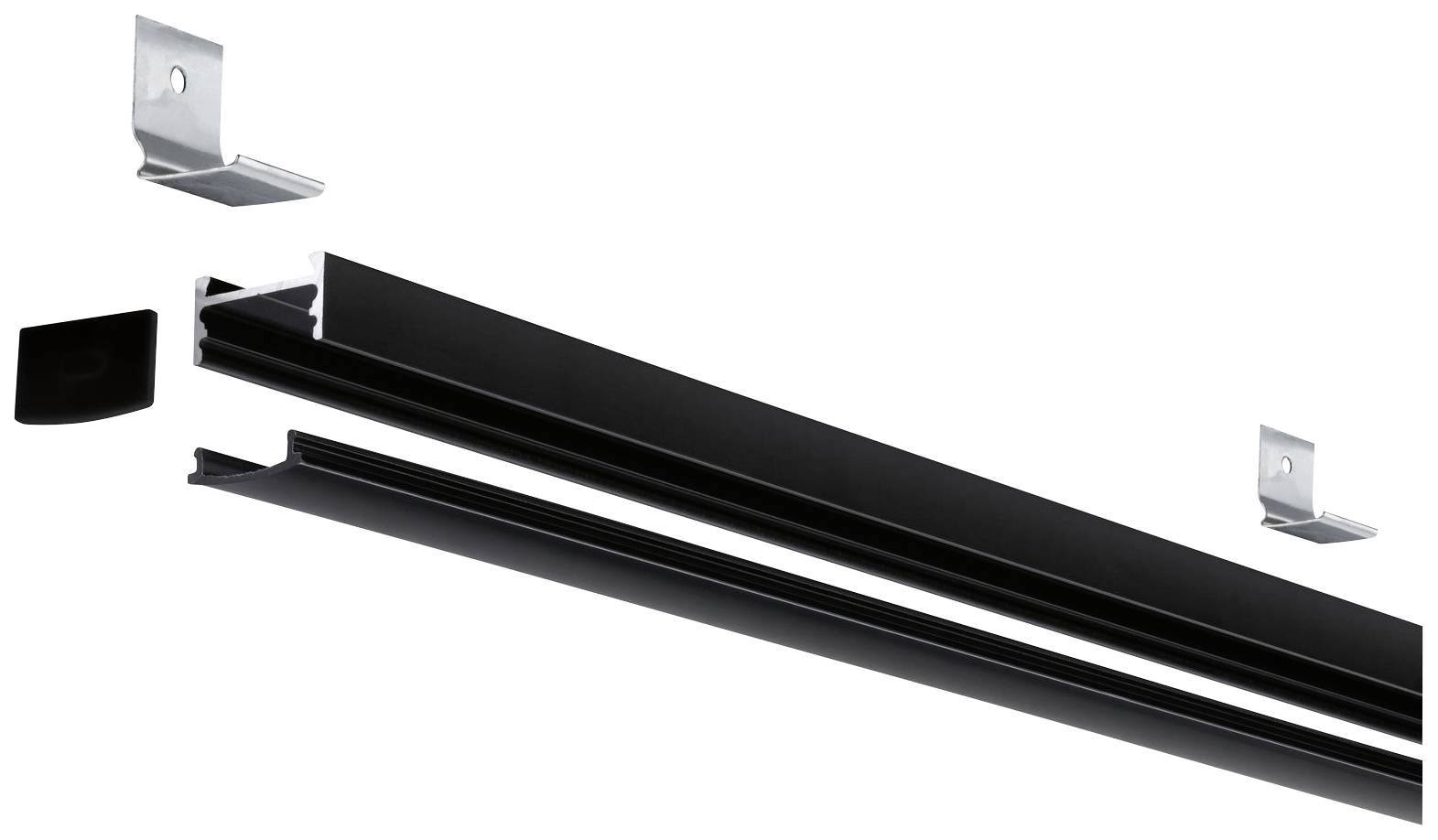 Rysunek rozstrzelony systemu szynowego z elementami mocującymi i osłonami, ilustrujący jego komponenty i ich rozmieszczenie.