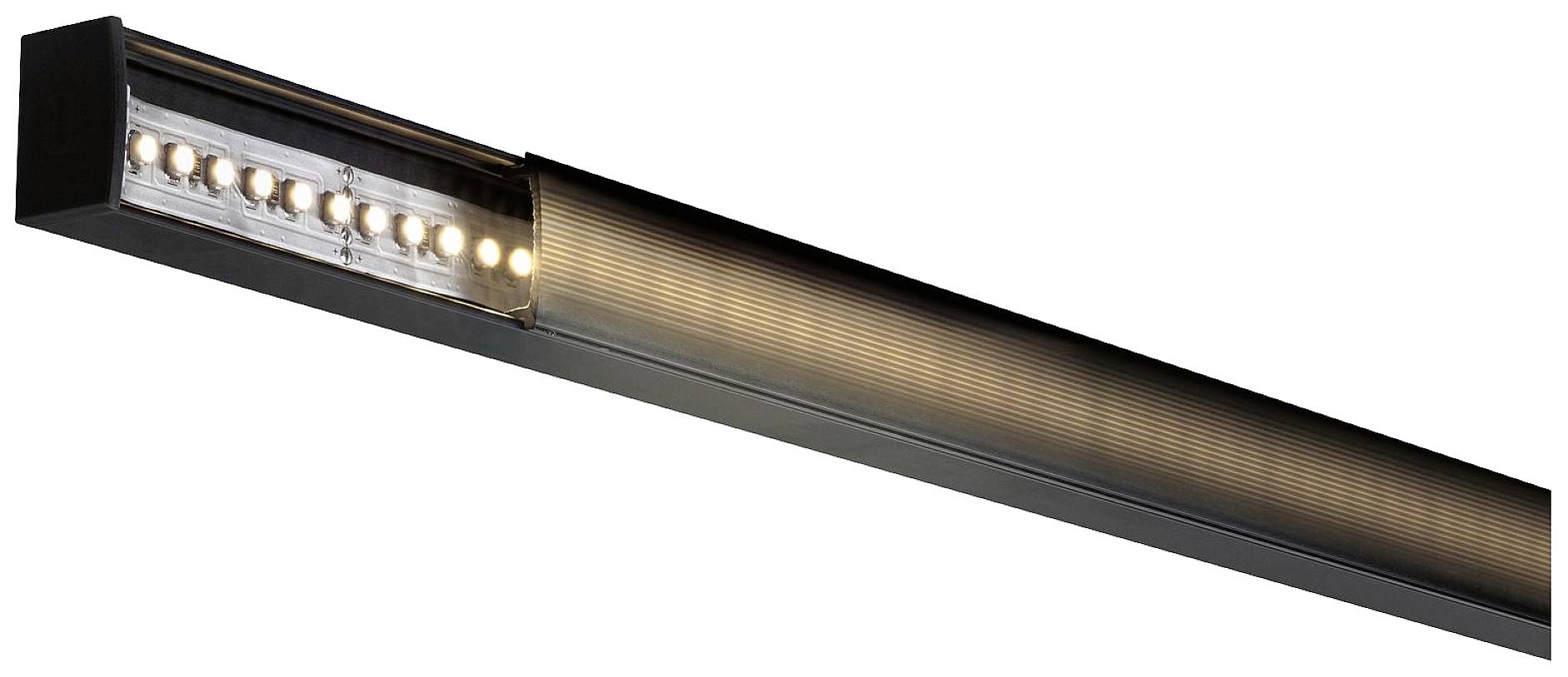 Podłużna, nowoczesna lampa sufitowa z wieloma lampami LED, wmontowanymi w smukłą, czarną obudowę.