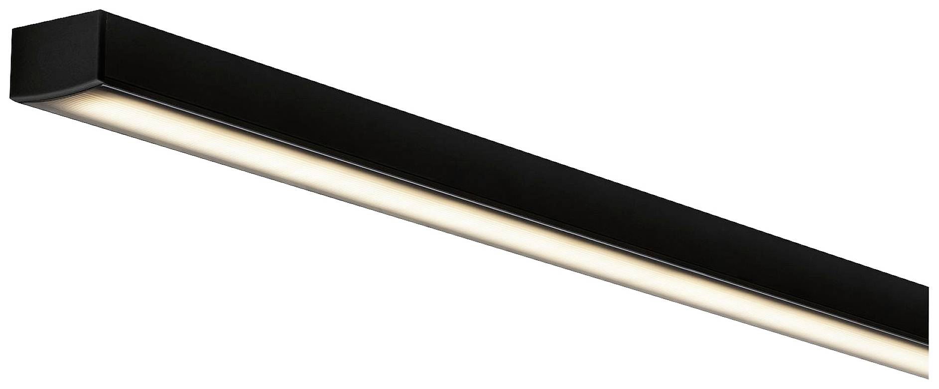 Smukła, prostokątna, czarna lampa LED emitująca ciepłe światło, idealna do nowoczesnego oświetlenia wnętrz.