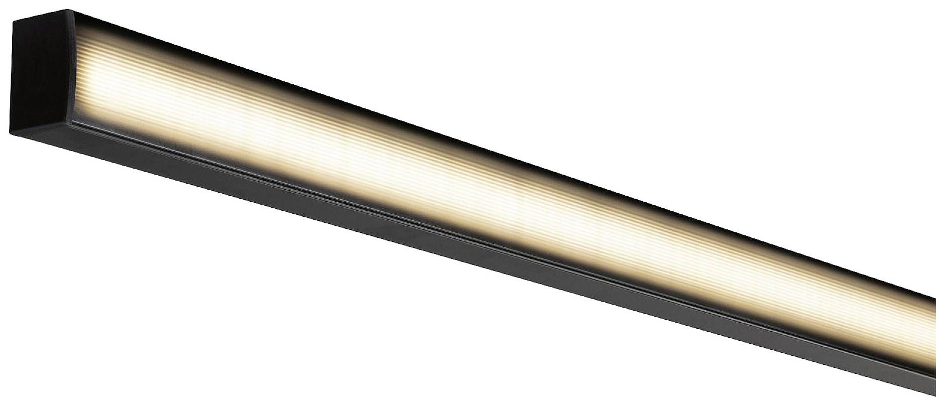 Długa, prostokątna lampa sufitowa LED z czarną ramą, emitująca ciepłe, rozproszone światło.