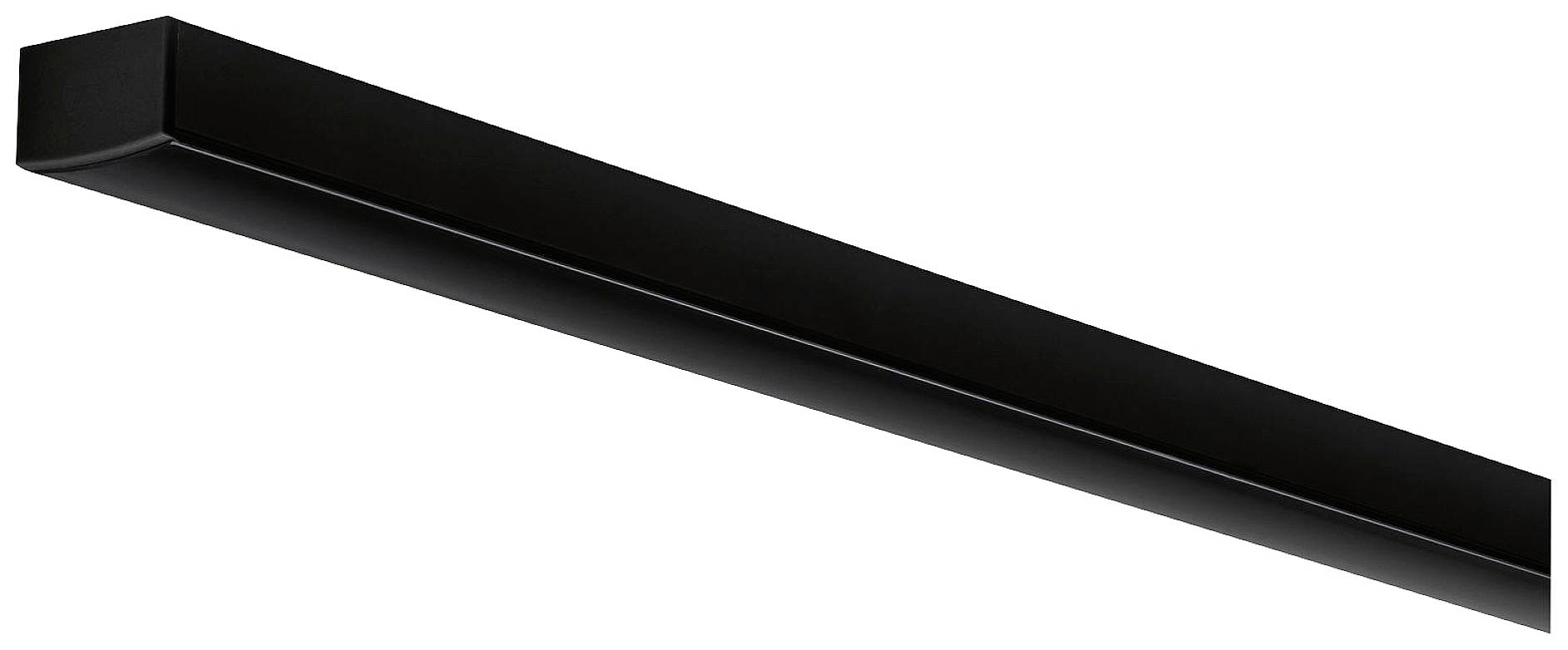 Długi, czarny, prostokątny obiekt o gładkiej powierzchni i zaokrąglonych krawędziach; prawdopodobnie urządzenie oświetleniowe.