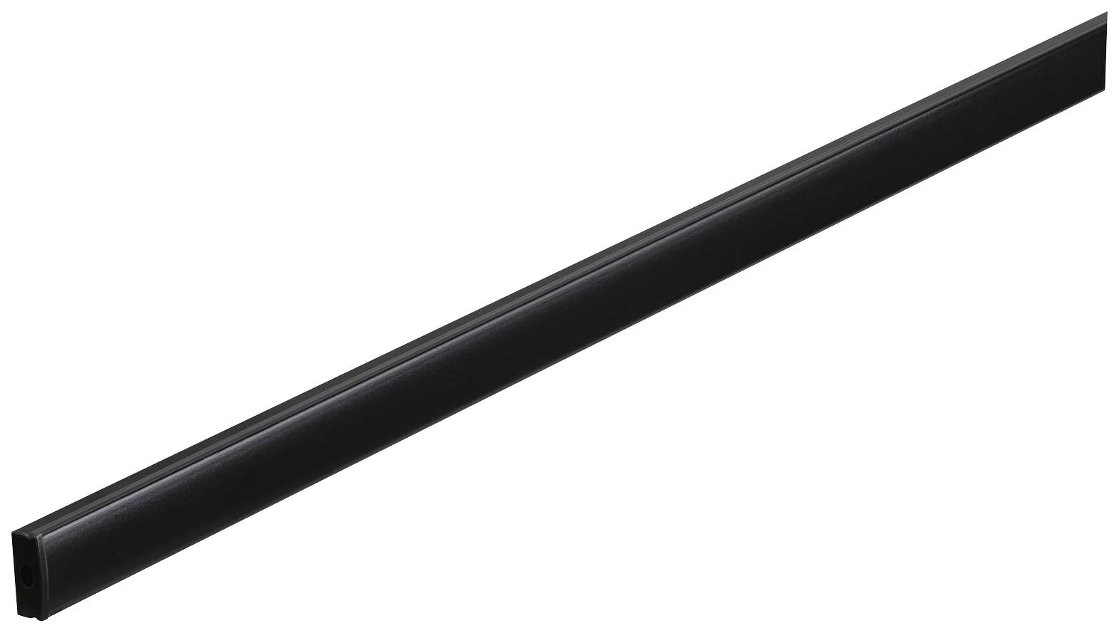 Czarna listwa aluminiowa, prostokątna, płaska, do prac wykończeniowych lub konstrukcji meblarskich.