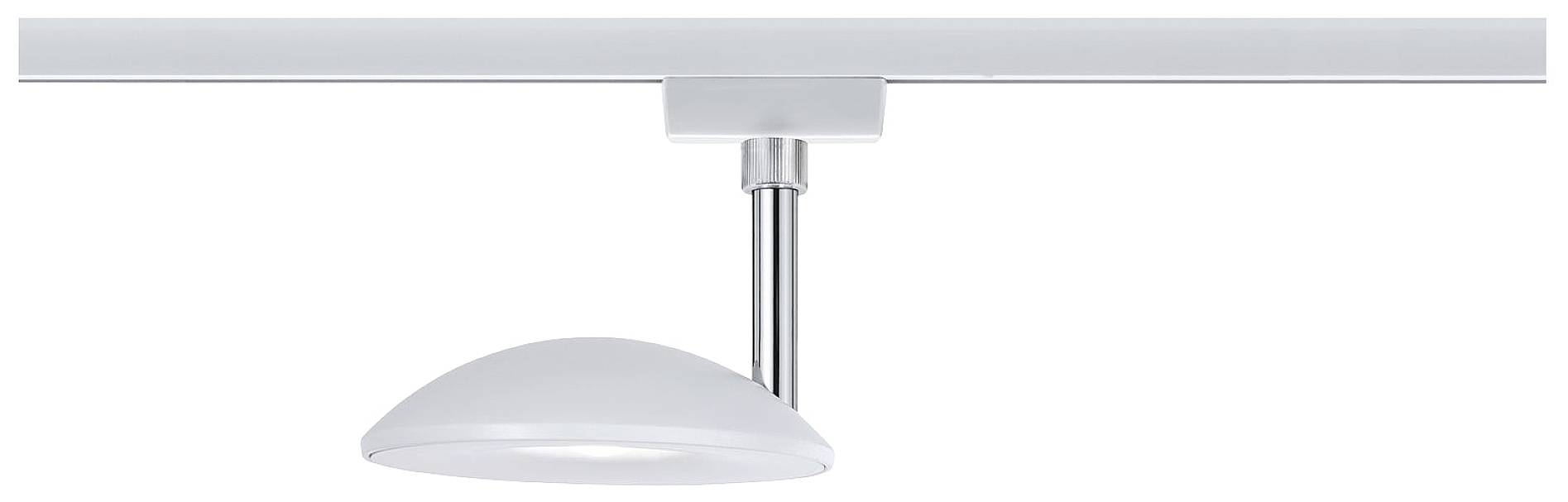 Nowoczesna, biała lampa sufitowa z gładkim, kopulastym kloszem, zamontowana na aluminiowym ramieniu. Odpowiednia do systemów szynowych.