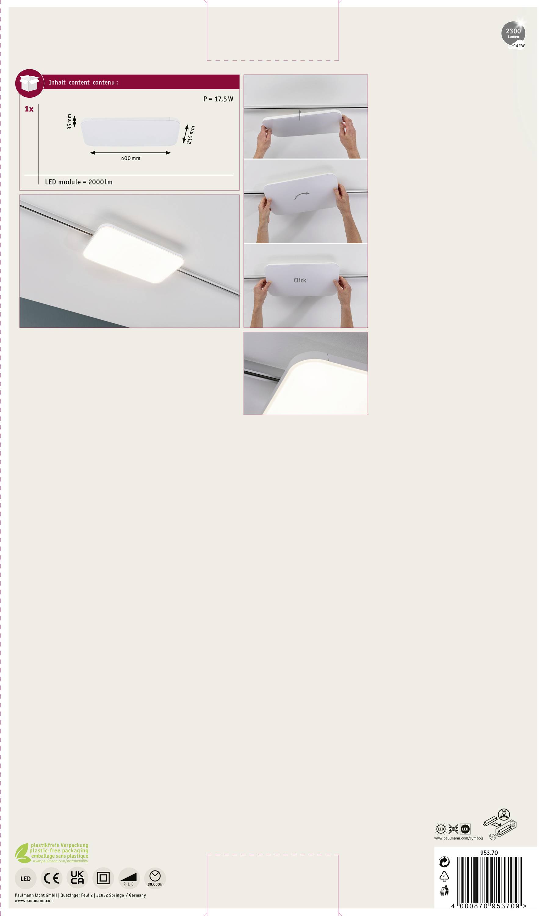 Lampa sufitowa LED, kwadratowa, z instrukcją montażu. Zawiera moduł LED o strumieniu świetlnym 2000 lm. Projekt opakowania z detalami w lewym dolnym rogu.