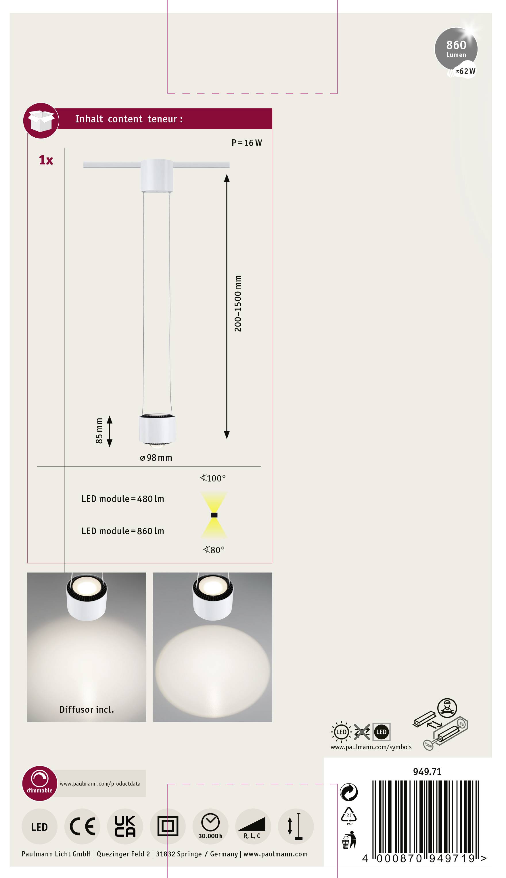 Reflektor szynowy LED Paulmann URail Pendel Aldan 94971 17 W 820 lm biały-8