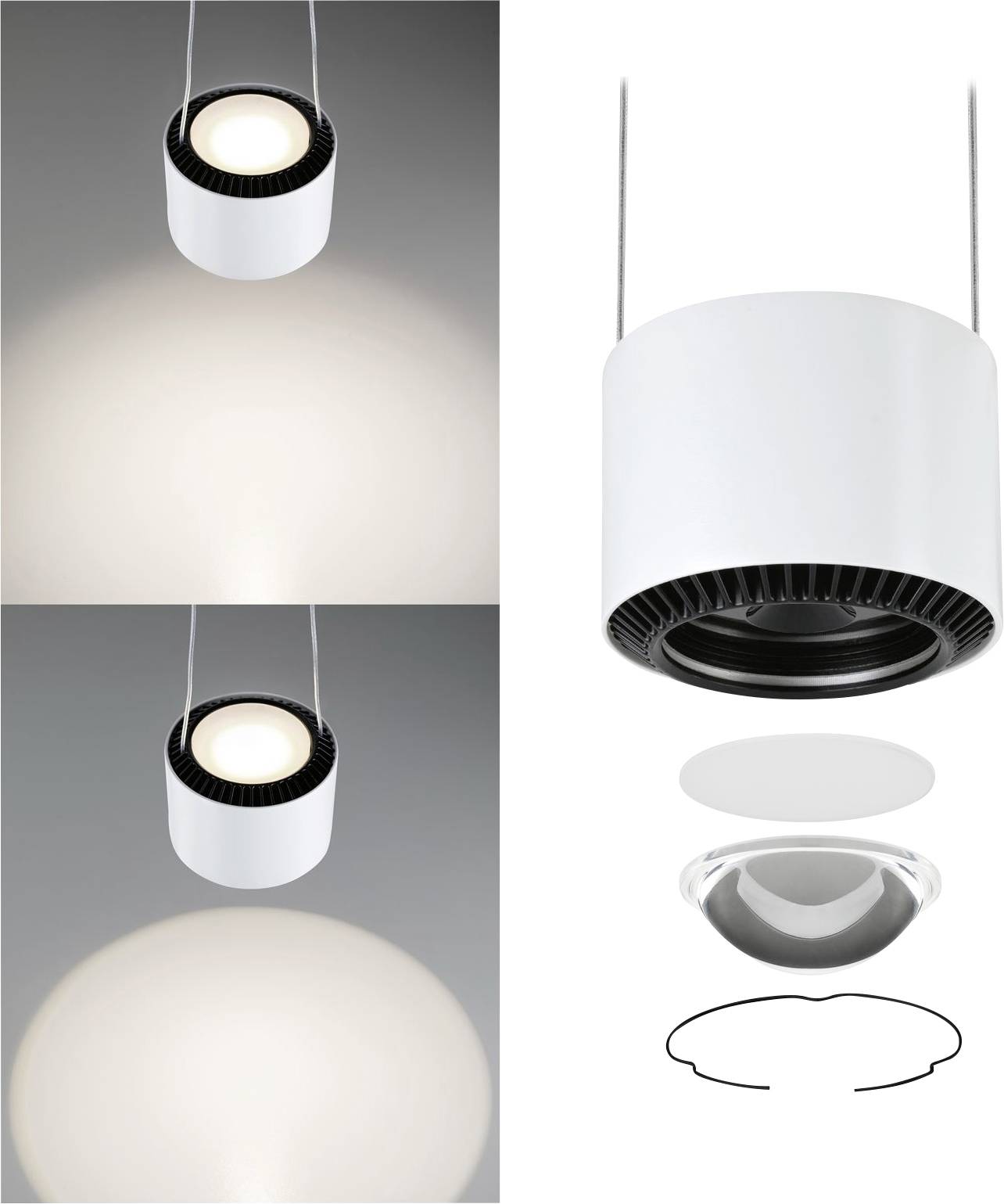 Biała, okrągła lampa sufitowa przedstawiająca dwa widoki: od dołu z rozproszonym rozkładem światła oraz w przekroju z widocznymi komponentami.