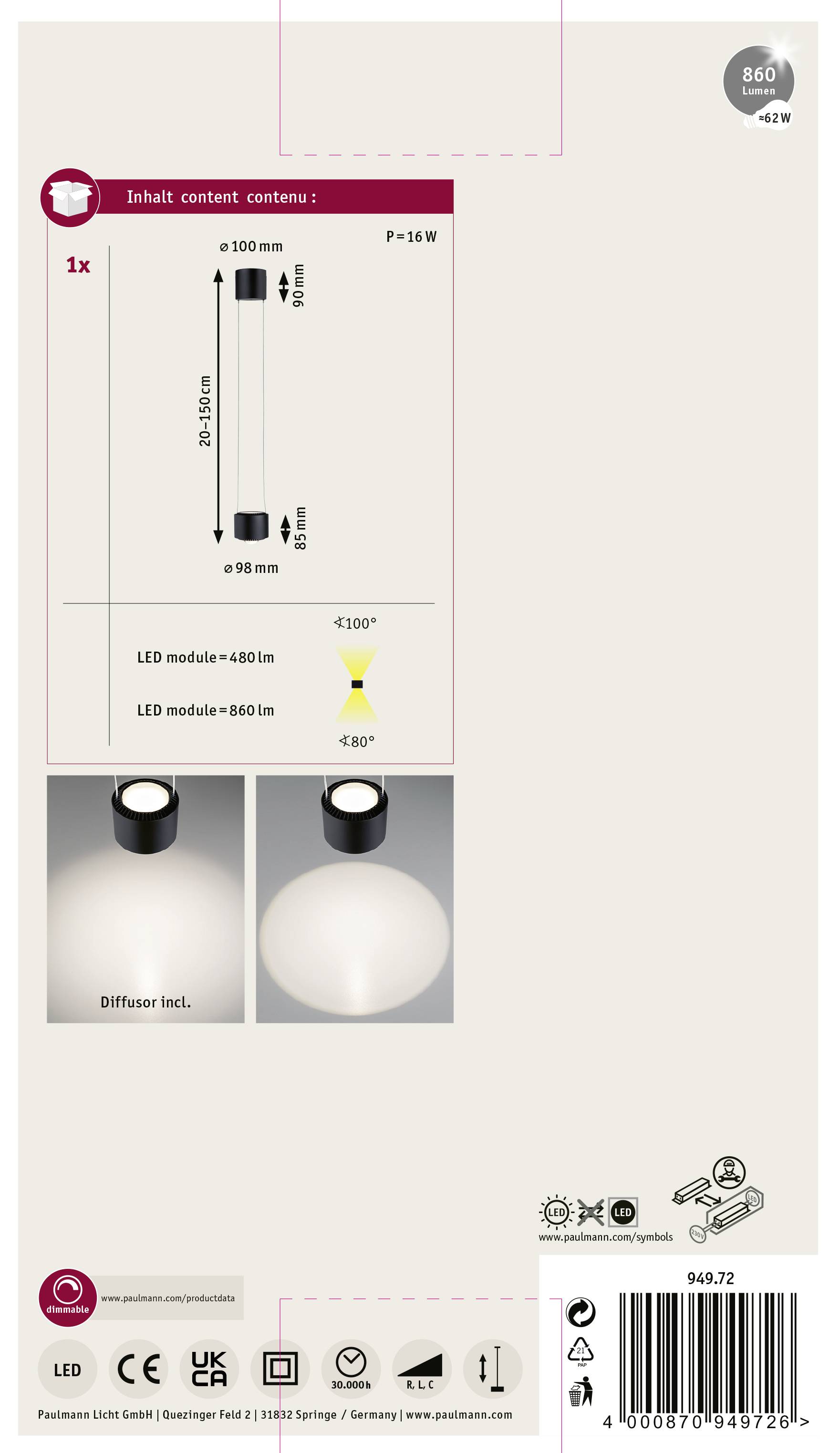 Lampa podwieszana LED Paulmann URail Pendel Aldan 94972 13 W LED 820 lm czarny (matowy)-8