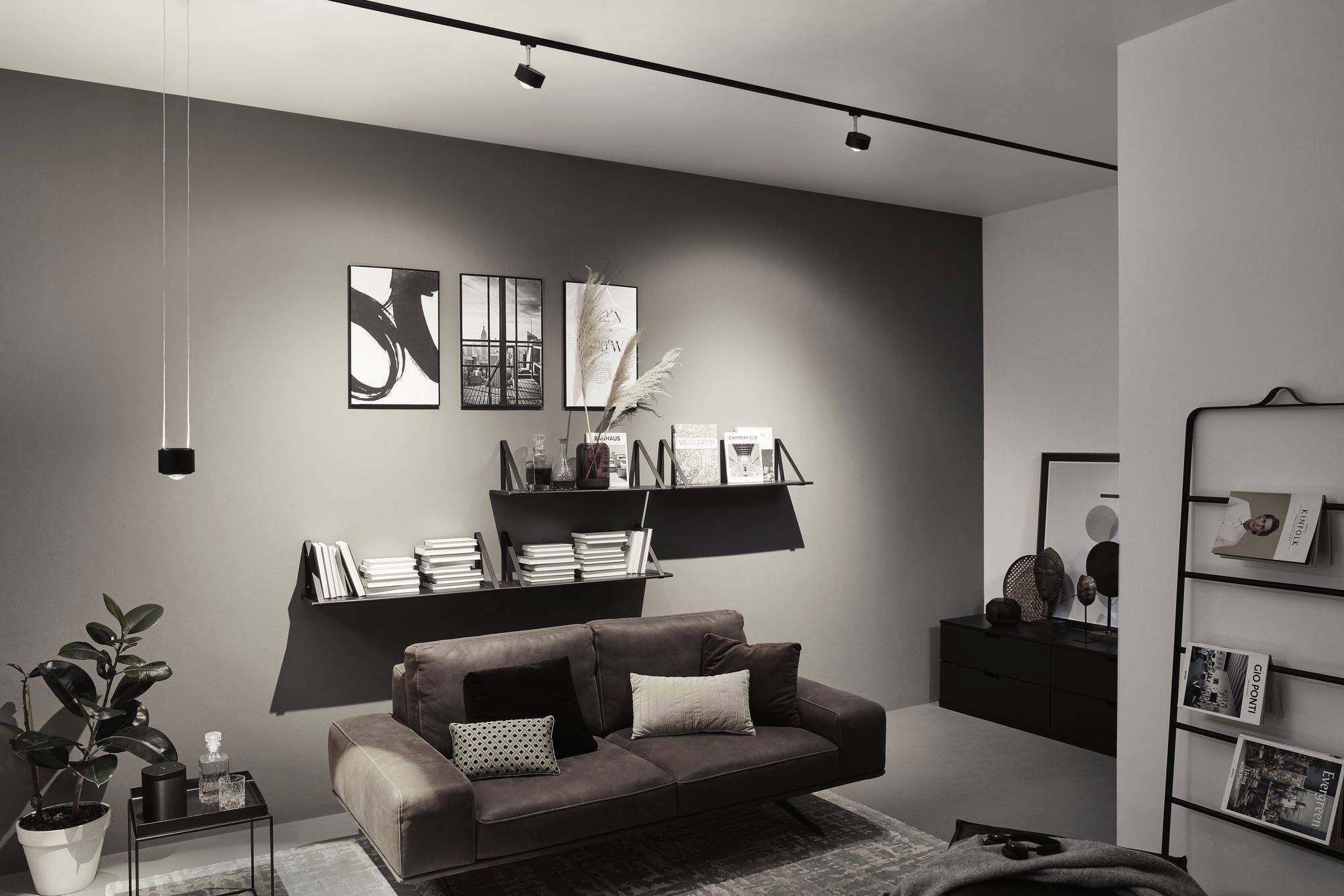 Nowoczesny salon w neutralnych kolorach, z brązową sofą, czarnymi półkami na ścianie pełnymi książek oraz dekoracyjnymi obrazami w czerni i bieli.