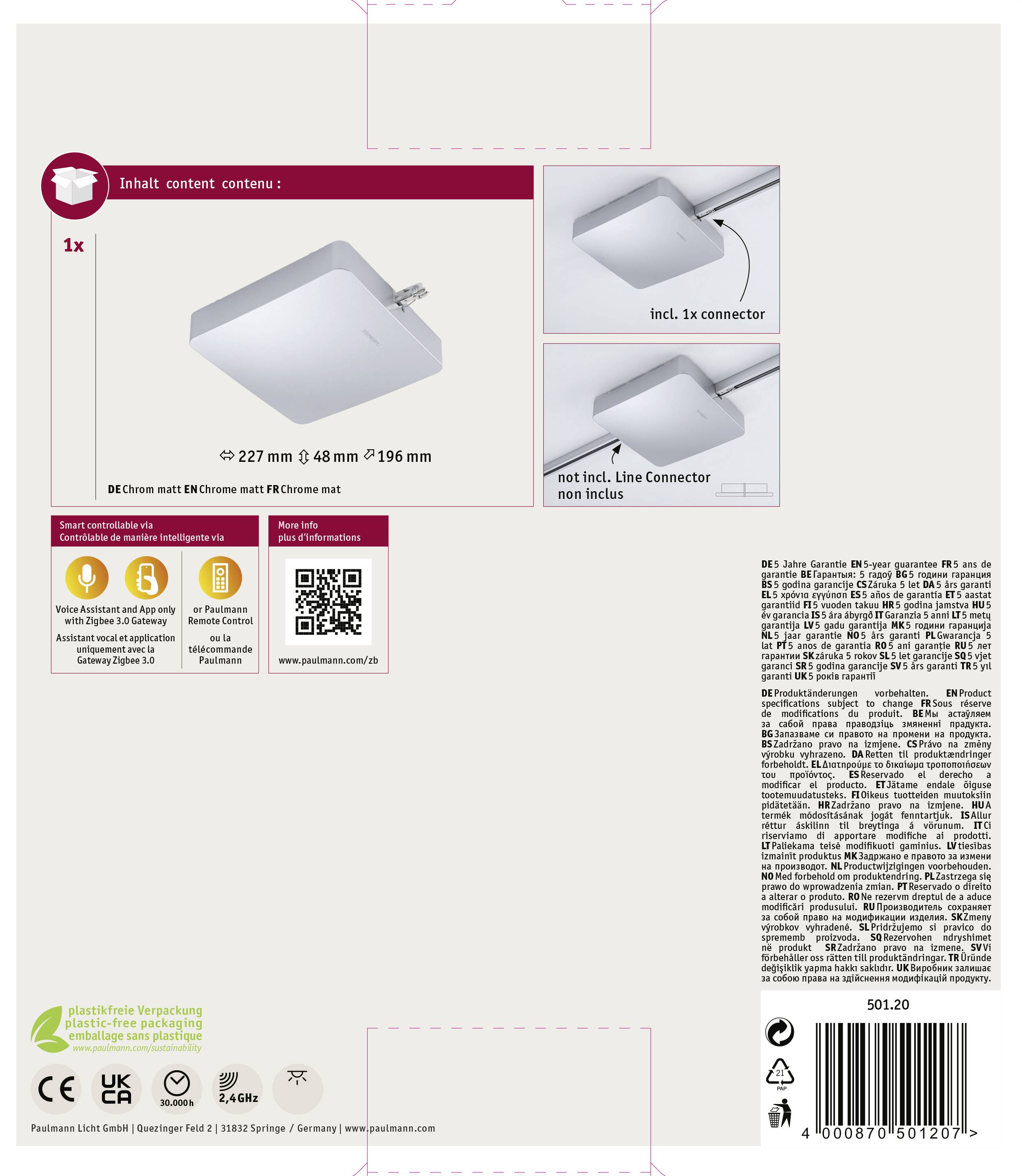 Opakowanie oprawy LED z ilustracją produktu. Szczegóły: 227 mm x 48 mm x 196 mm, złącze wtykowe w zestawie, przewód nie jest dołączony.
