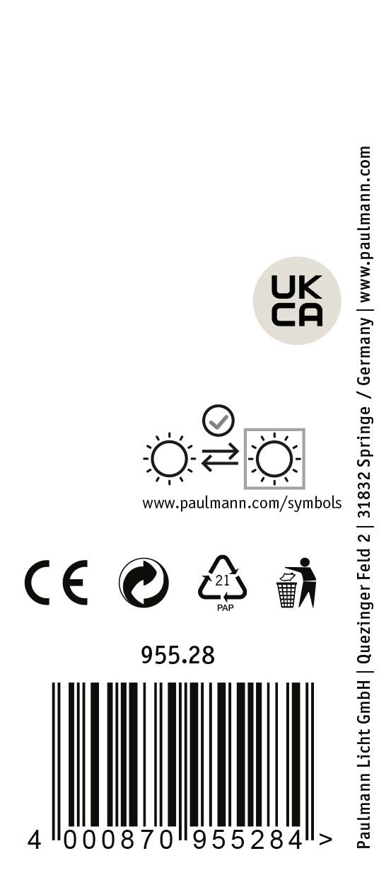 Etykieta z kodem kreskowym, symbolami certyfikatów technicznych oraz informacją o stronie internetowej 'www.paulmann.com/symbols'.
