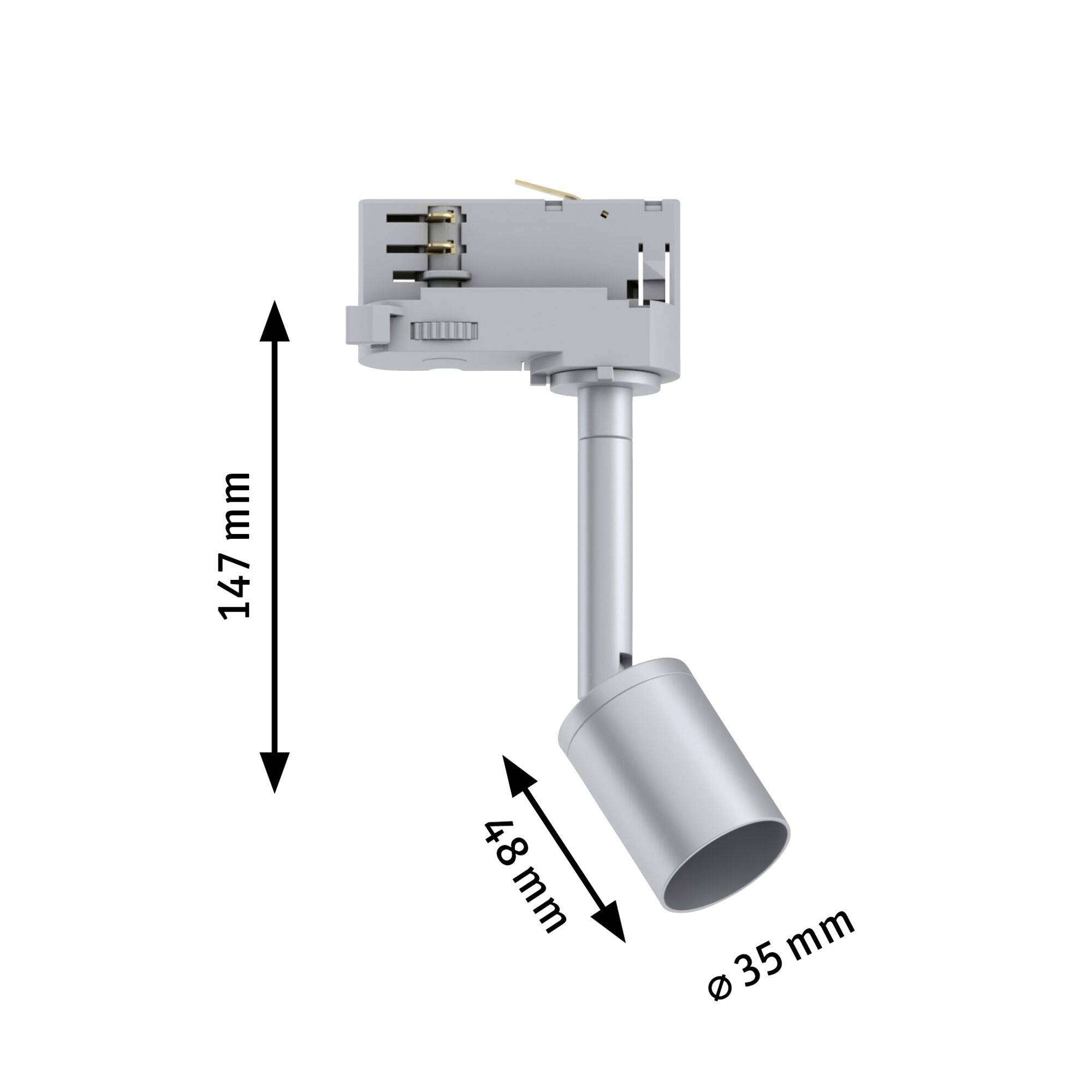 Cylindryczny element oświetleniowy o wysokości 147 mm, głębokości 48 mm i średnicy 35 mm.