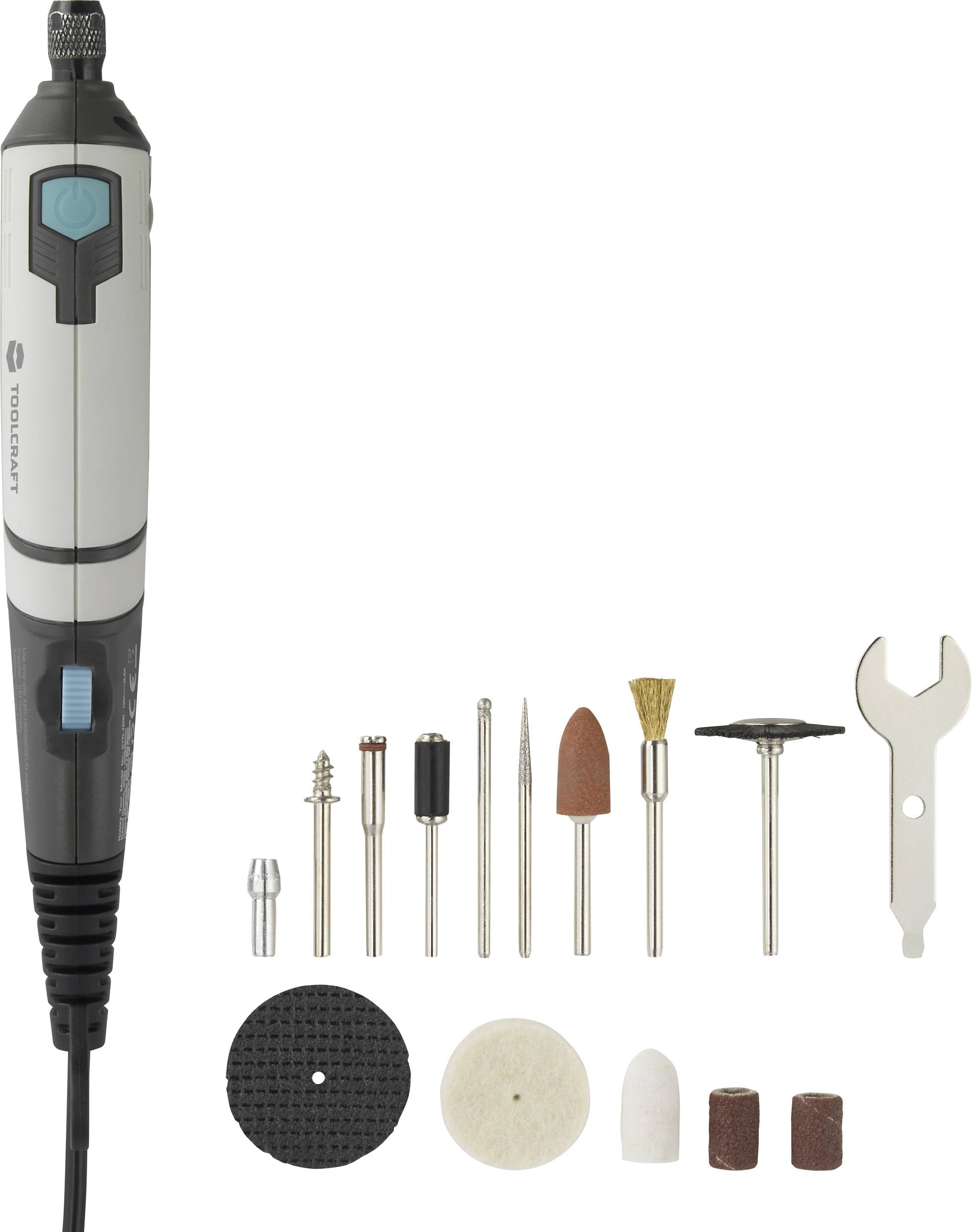 Narzędzie wielofunkcyjne z akcesoriami: nakładki do szlifowania, polerowania i cięcia, klucze do śrub oraz nakładki frezujące. Idealne do prac rzemieślniczych.