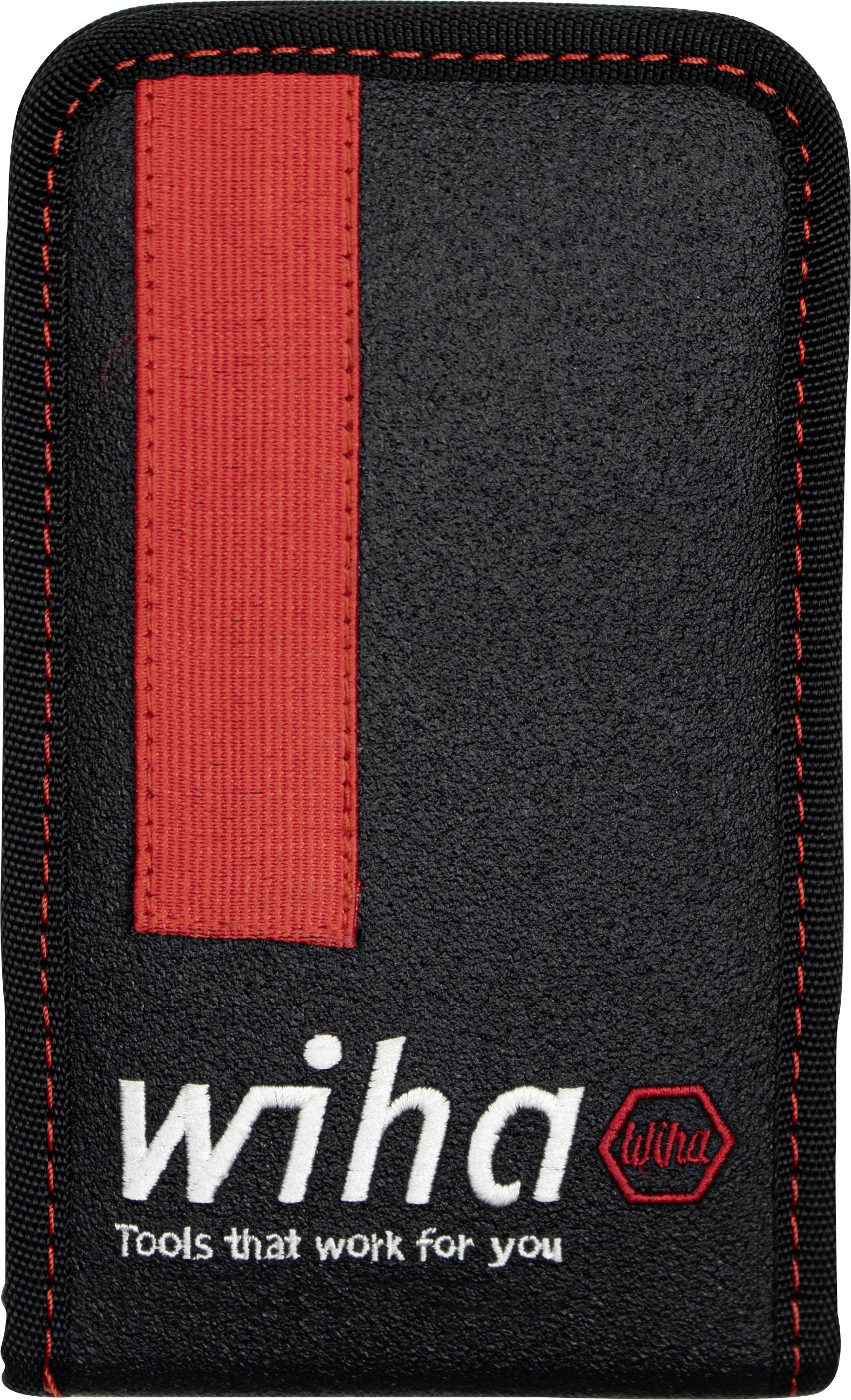 Czarne etui na narzędzia z czerwonym paskiem i białym logo 'wiha'. Napis: 'Narzędzia, które pracują dla ciebie'.