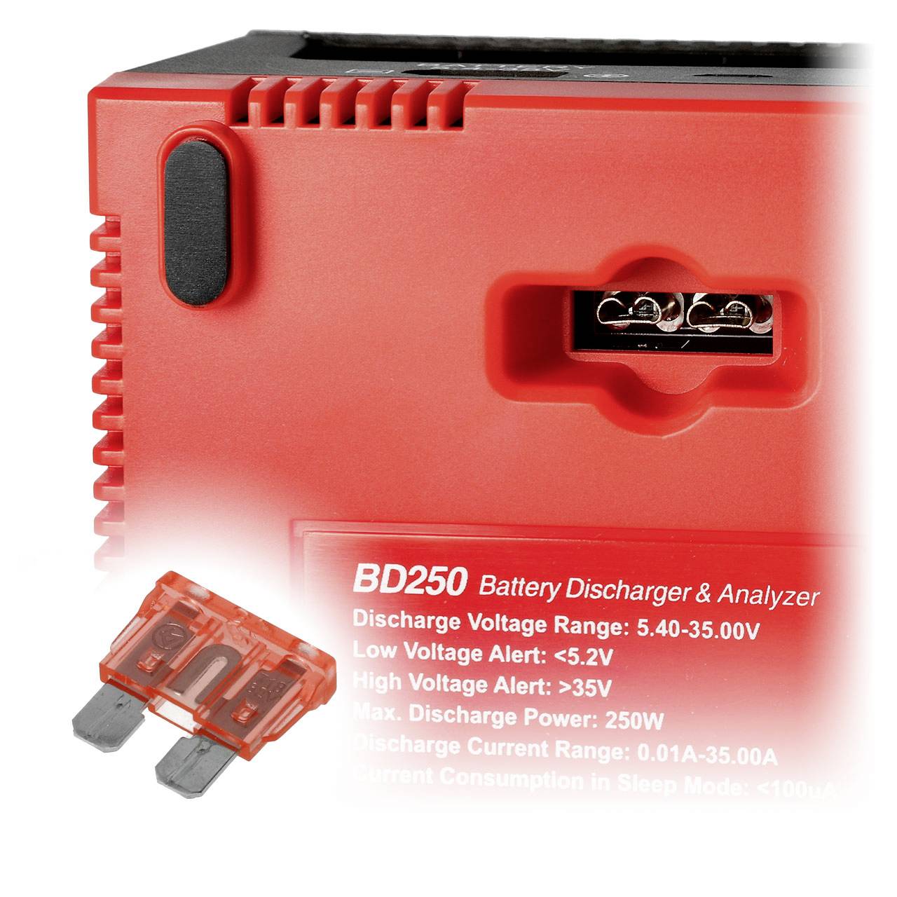 Czerwone urządzenie z napisem 'BD250 Battery Discharger & Analyzer' oraz zbliżenie bezpiecznika. Pokazuje specyfikacje techniczne do pomiaru napięcia i natężenia prądu.