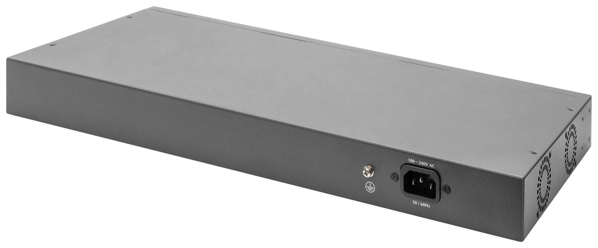 Czarny elektroniczny sprzęt w kształcie prostokąta, wyposażony w złącze sieciowe i przełącznik z tyłu, bez widocznych oznaczeń.