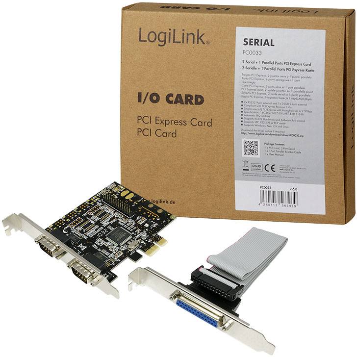 'Karta LogiLink PCI Express' na stole obok opakowania z napisem 'Karta we/wy, Karta PCI Express'.