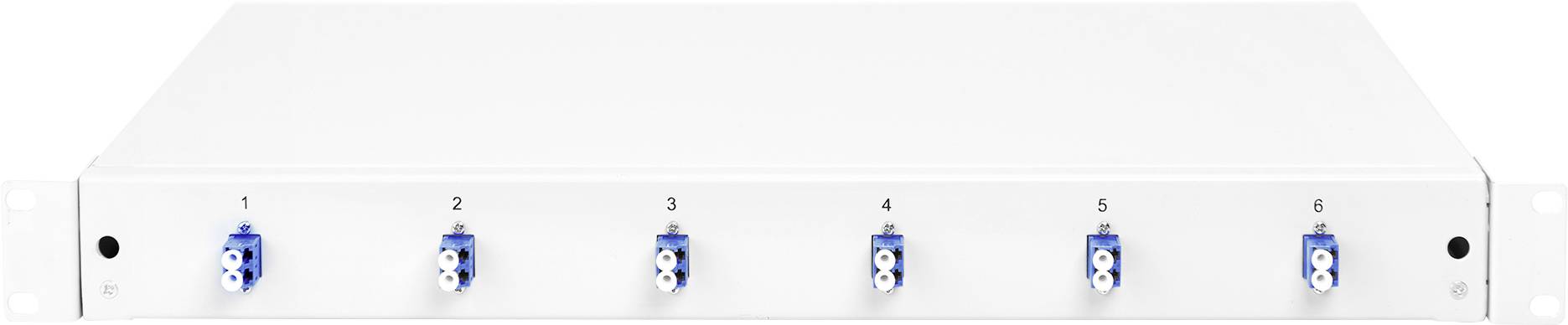Biała jednostka dystrybucyjna sieci z sześcioma niebieskimi portami, ponumerowanymi od 1 do 6.