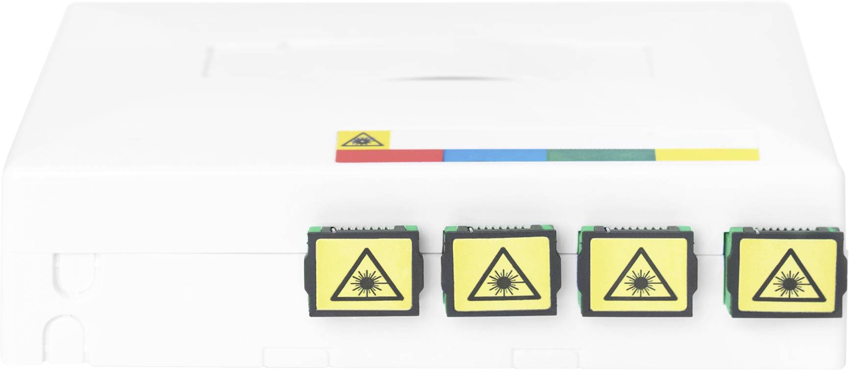 Białe urządzenie z czterema żółtymi symbolami ostrzegawczymi dotyczącymi lasera. Urządzenie posiada kolorowe oznaczenia i wydaje się mieć techniczne złącza.