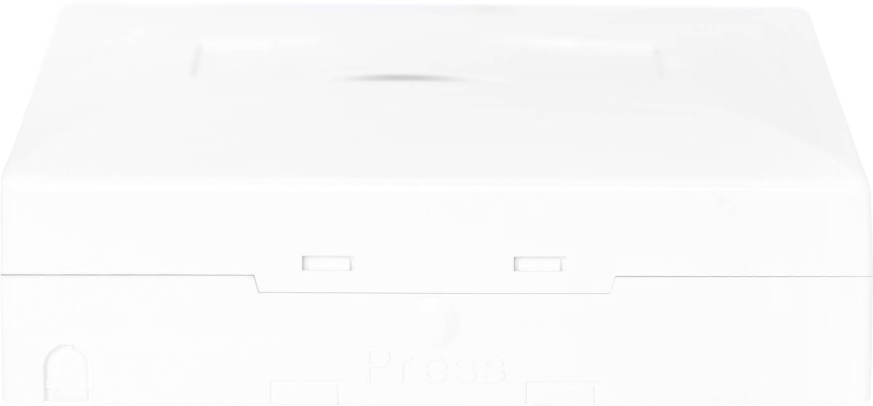 Białe kwadratowe obudowa z lekko widocznym zamknięciem i gładką powierzchnią, prawdopodobnie urządzenie techniczne lub pokrywa.