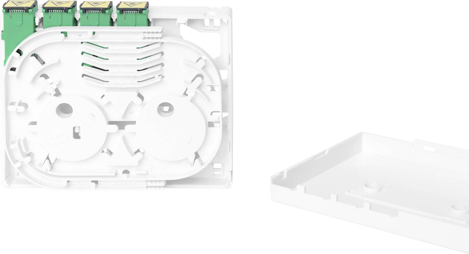 Biała, prostokątna skrzynka przyłączeniowa z włókna szklanego z czterema zielonymi złączami i otwartym wnętrzem do organizacji kabli. Po prawej stronie obok leży zdjęty pokrowiec.
