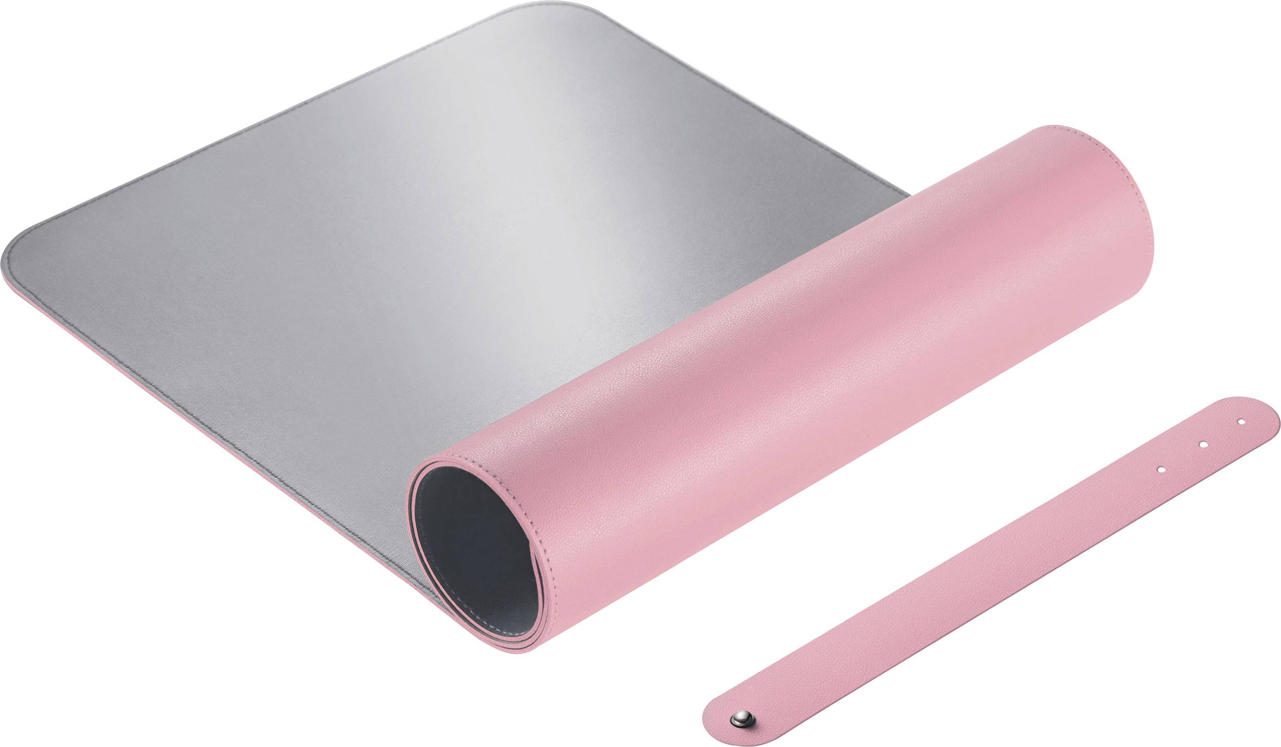 Różowa i szara podkładka na biurko, częściowo zwinięta, z odpowiednim paskiem mocującym.