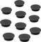 Dziesięć czarnych, okrągłych plastikowych zatyczek równomiernie rozmieszczonych na białym tle, prawdopodobnie do zakrywania otworów lub śrub.