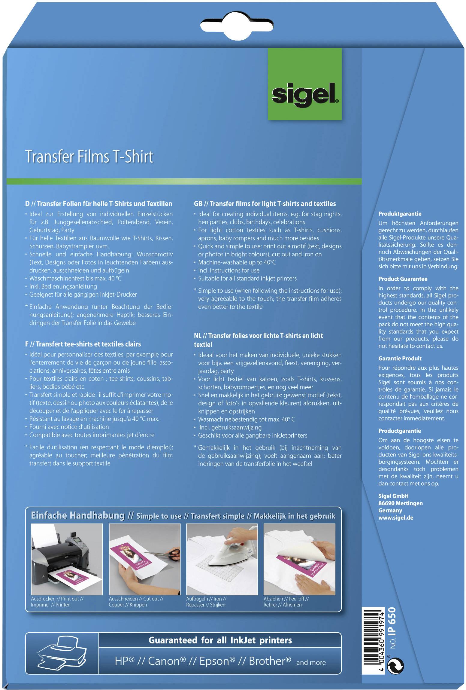 Плівка для перенесення на футболки Sigel T1156 197 г/м² 12 аркушів