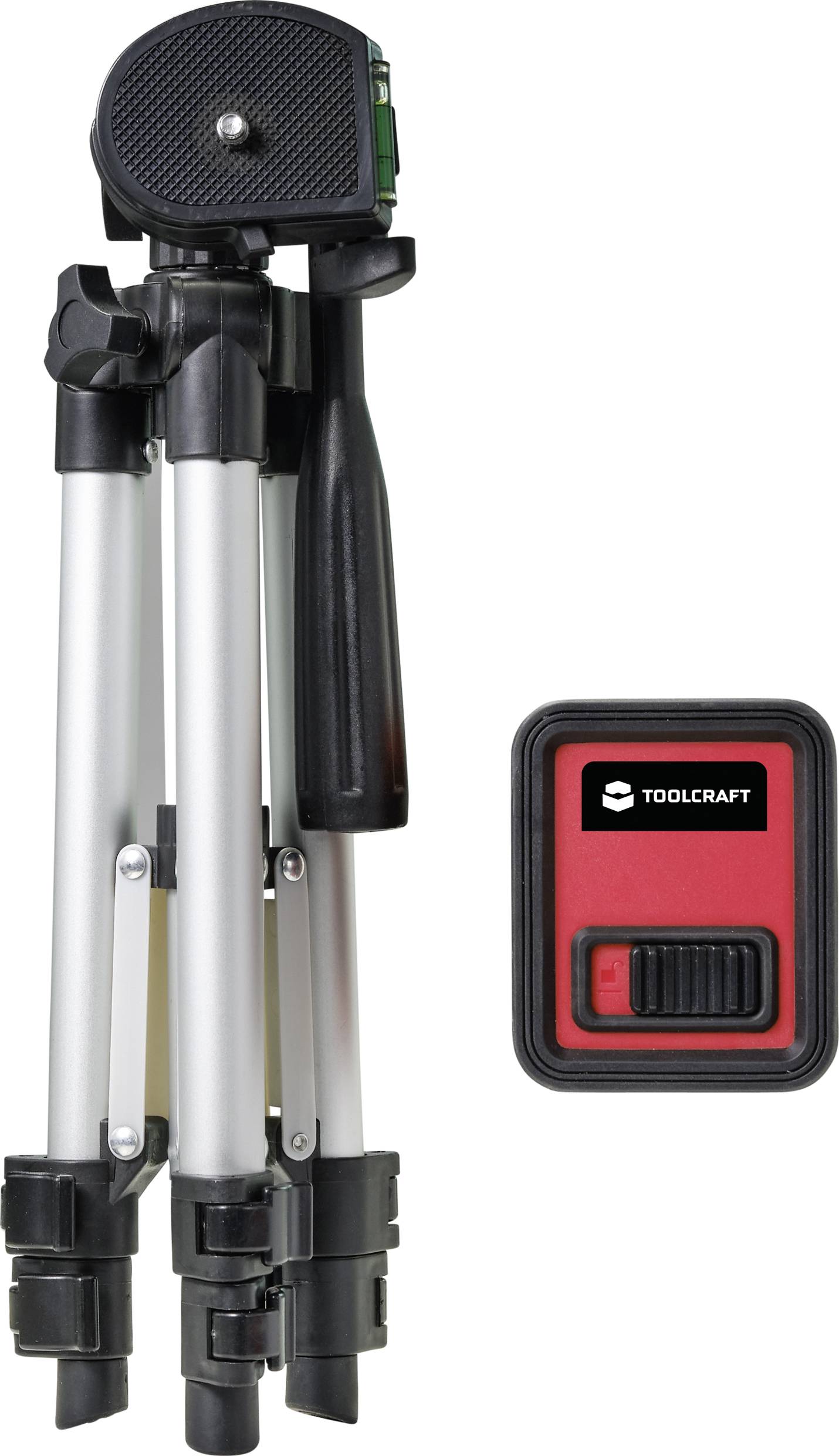 Składany statyw metalowo-plastikowy obok prostokątnego urządzenia Toolcraft w kolorach czerwono-czarnym z czerwonym przełącznikiem.