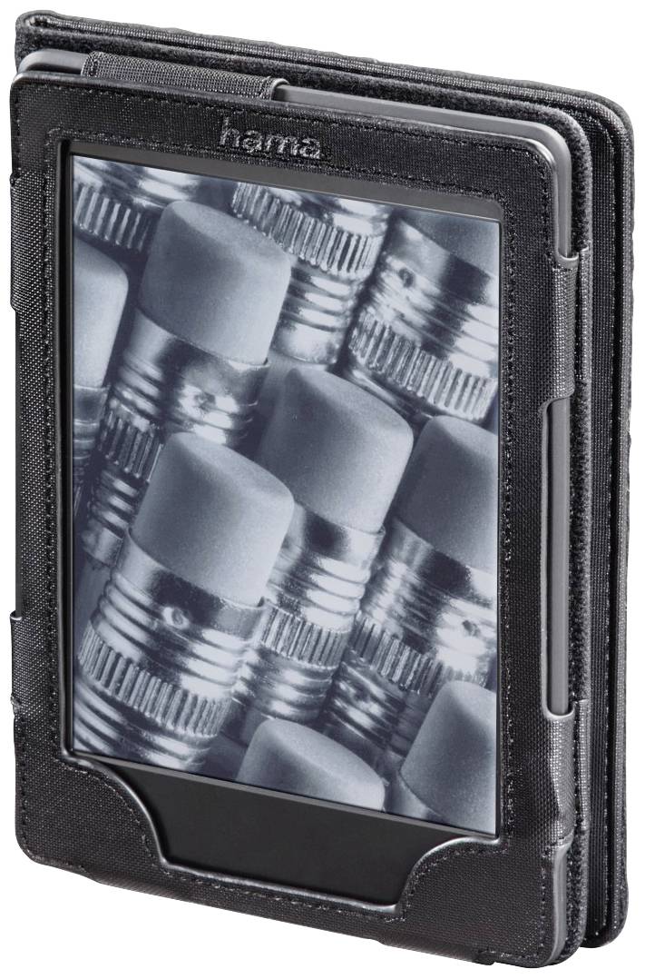 Czytnik e-booków w ochronnej czarnej obudowie, z wyświetlanym obrazem kilku gumek do ołówków w pobliżu.