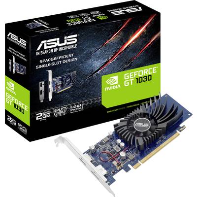 Karta graficzna ASUS GeForce GT 1030 z 2 GB pamięci. Opakowanie podkreśla wydajny design jednostki mieszczącej się w jednym slocie.