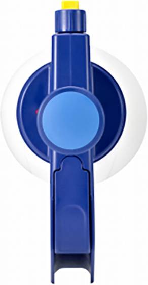 Niebieski, poręczny przycisk na nieznanym urządzeniu z żółtym czubkiem na górze, na neutralnym tle.