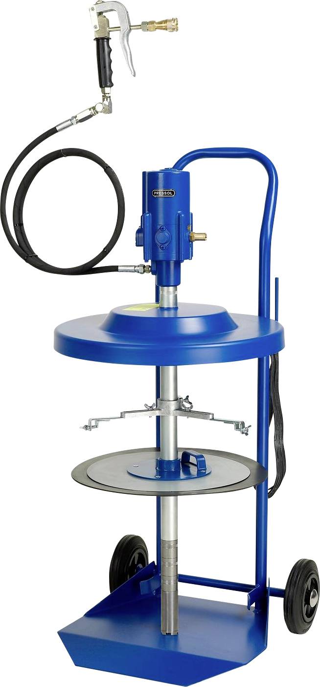 Niebieskie urządzenie do smarowania z uchwytem, wężem i kółkami, zapewniające łatwą mobilność i wygodę użycia podczas prac konserwacyjnych.