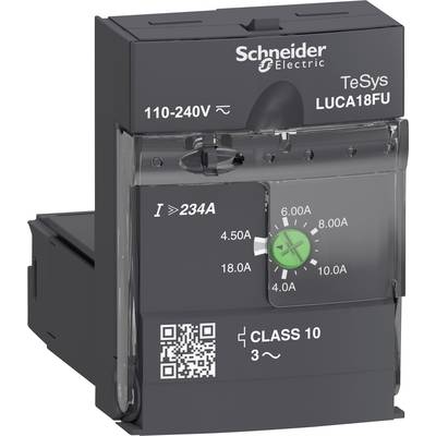 Regulator wydajności firmy Schneider Electric z oznaczeniem modelu 'TeSys LUCA18FU'. Wyświetlacz natężenia prądu i kod QR na przedniej stronie.