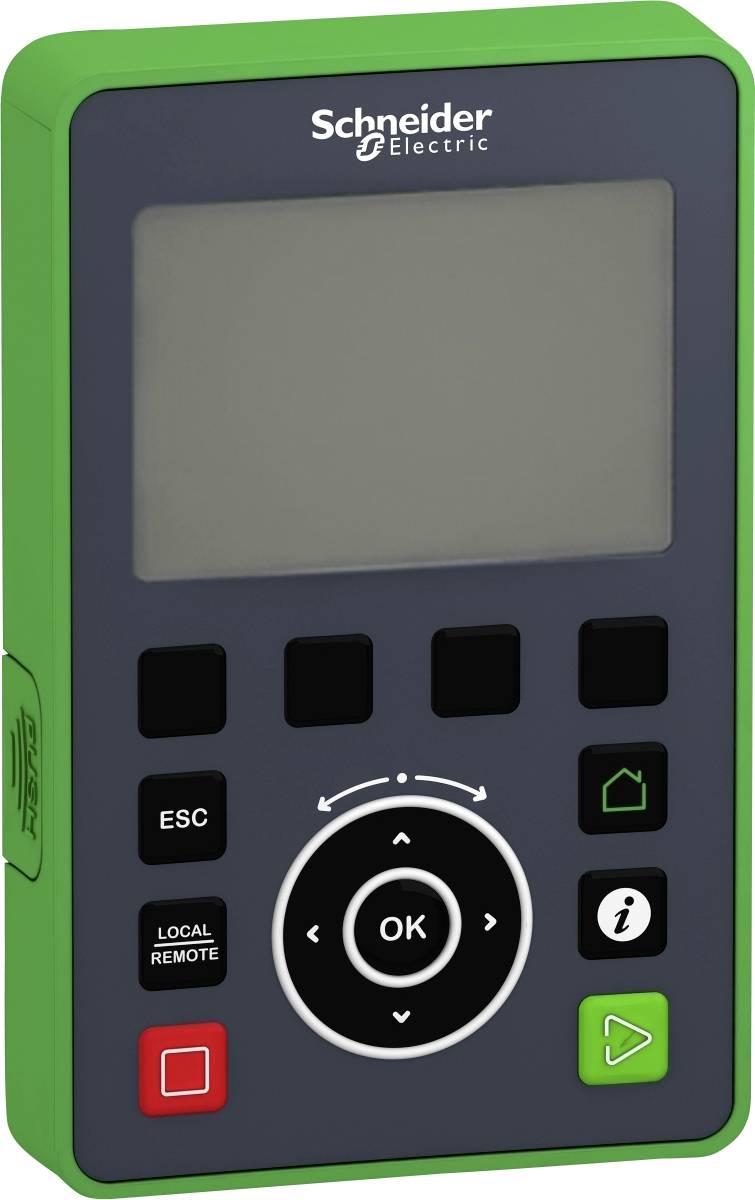 Pilot 'Schneider Electric' z wyświetlaczem i różnymi przyciskami, w tym opcjami menu, nawigacji i sterowania.