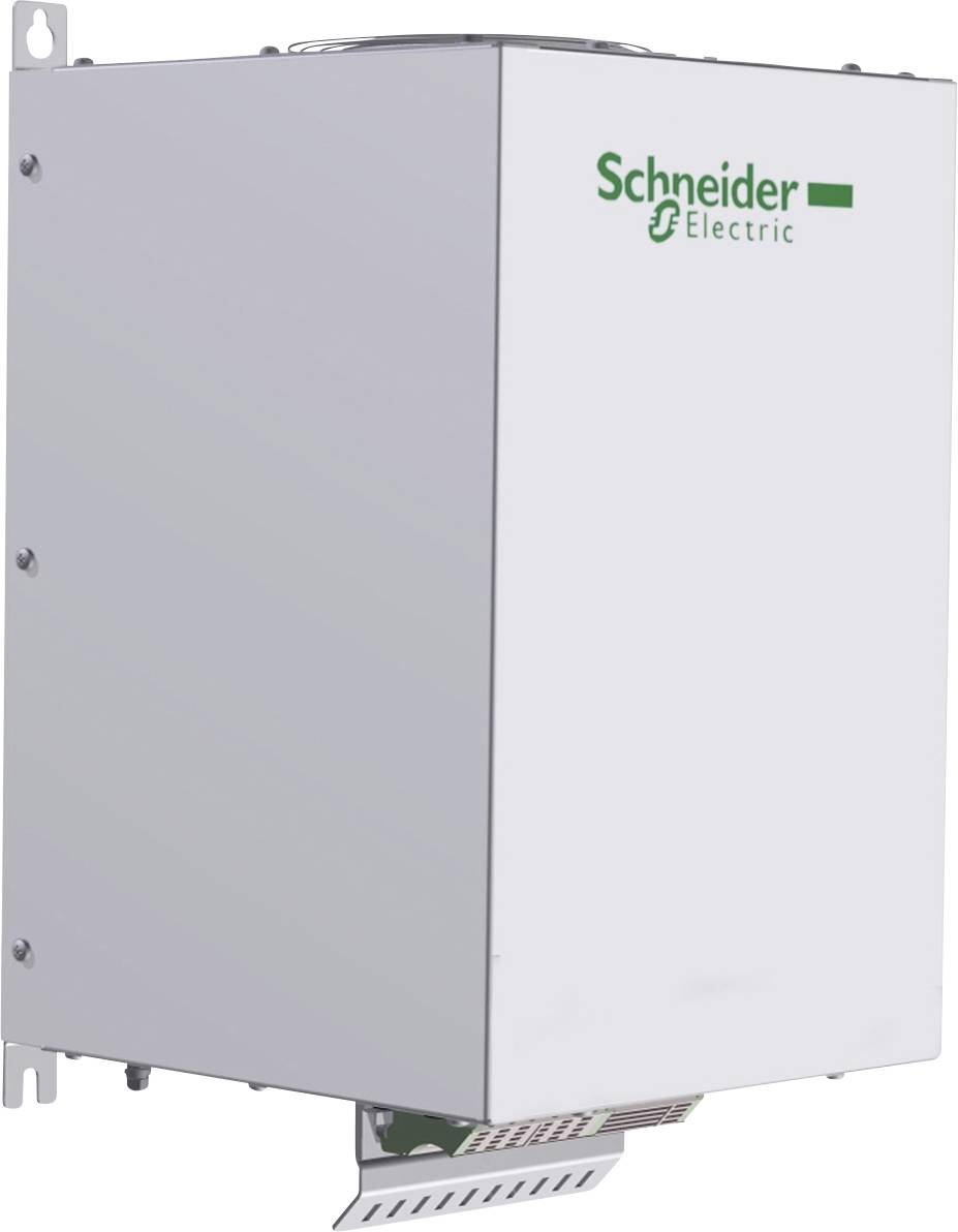 Białe urządzenie elektryczne z zielonym logo 'Schneider Electric', zamontowane na ścianie.