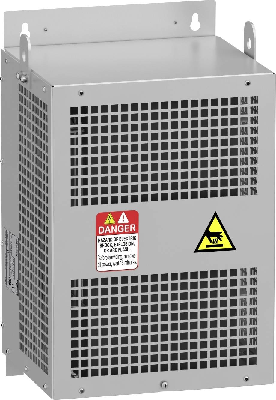 Szare obudowa elektryczna z naklejkami ostrzegawczymi. Napisy 'Danger' oraz symbol elektryczności wskazują na możliwe zagrożenia elektryczne.