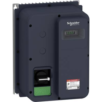 Ciemna szafa elektryczna z wyświetlaczem i ostrzeżeniami firmy 'Schneider Electric'.