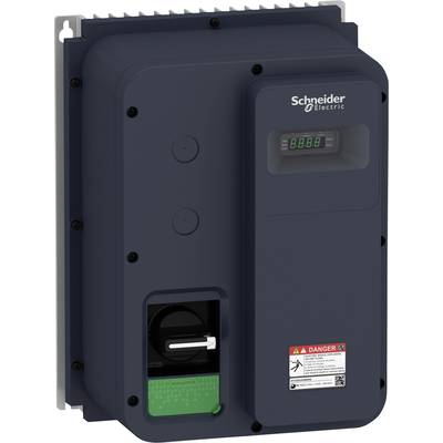 Elektryczny przemiennik częstotliwości firmy Schneider Electric z cyfrowym wyświetlaczem i ostrzeżeniami na przedniej części urządzenia.
