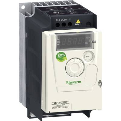 Elektryczny przemiennik częstotliwości Schneider Electric z wyświetlaczem cyfrowym i przyciskami sterującymi. Wyświetlacz wskazuje: '30%' i napięcie '240V'.