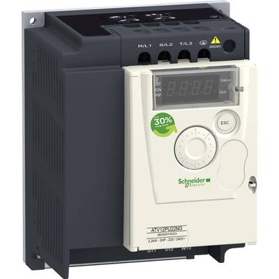 Falownik marki Schneider Electric z wyświetlaczem cyfrowym i zieloną etykietą oznaczającą '30% oszczędności energii'.