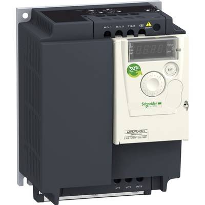 Czarno-biały falownik firmy Schneider Electric z wyświetlaczem cyfrowym, przyciskami sterującymi oraz wskaźnikami LED.